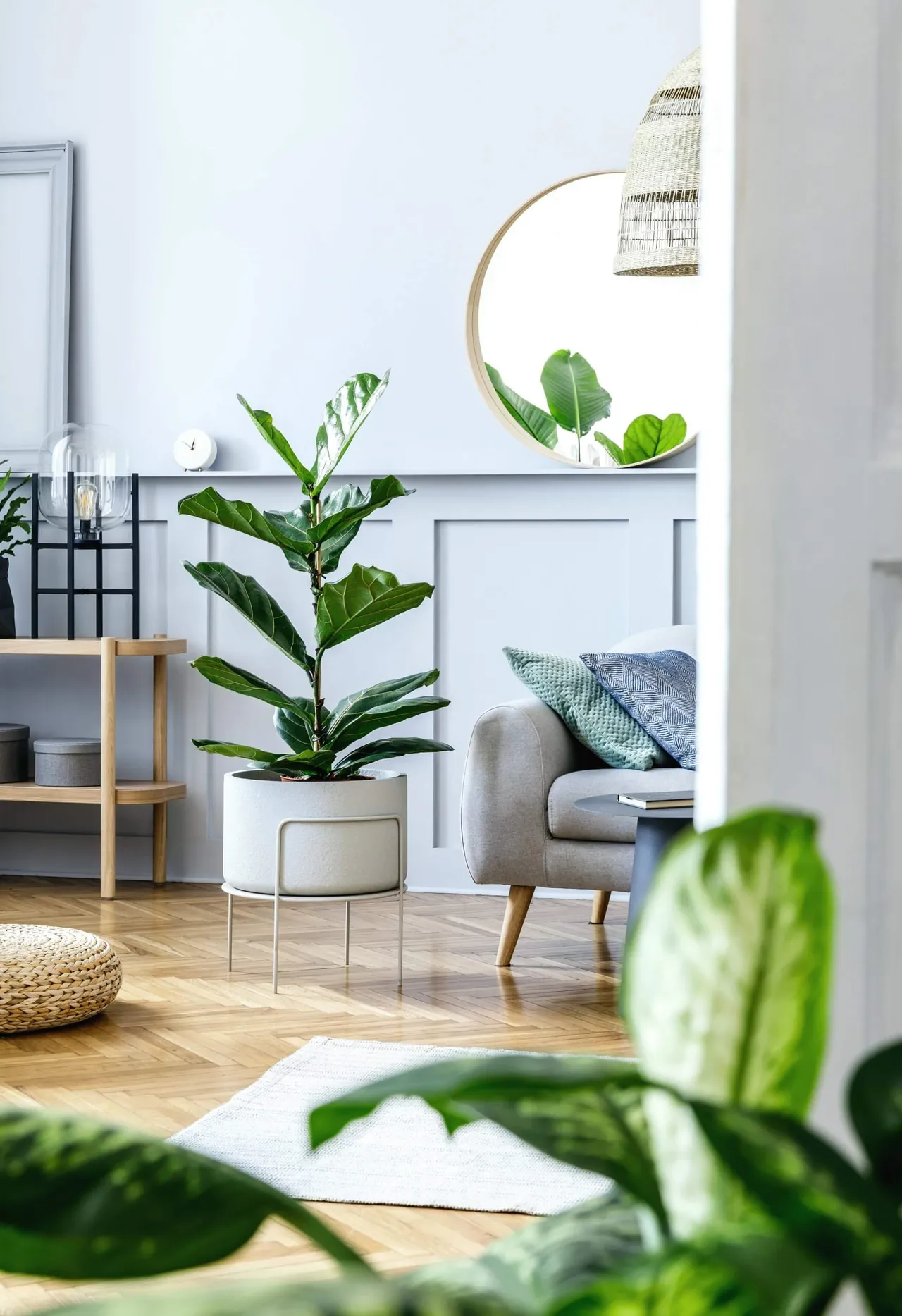 Modern composition of living room interior with stylish furnitur